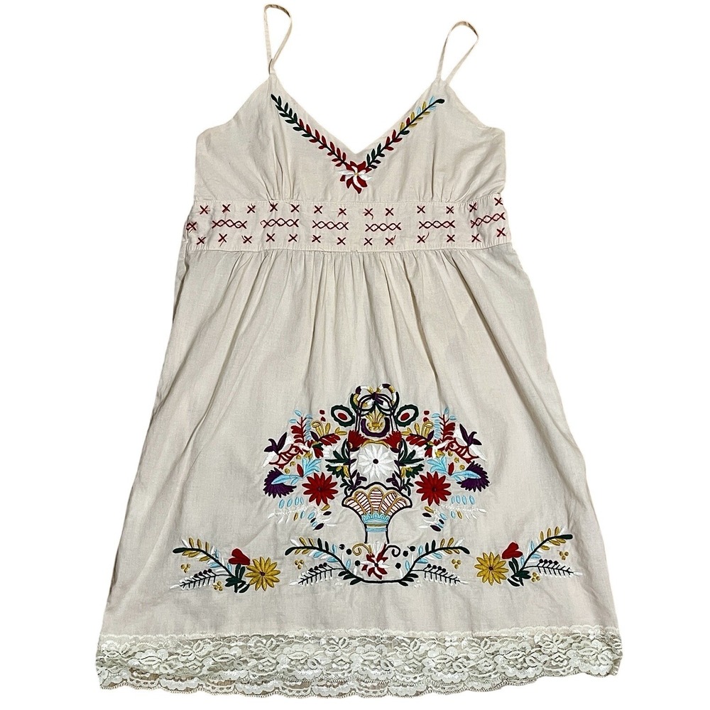 Strategic Business Unit Cream Embroidered Lace Trim Boho Tunic‎ S Festival Folk